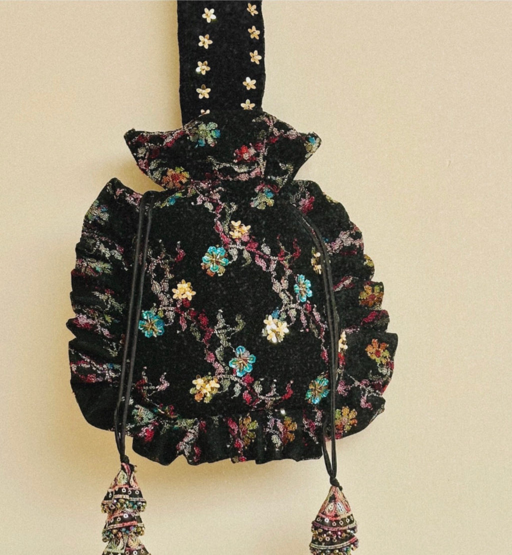 Midnight Bloom Hand-Embroidered Black Potli Bag | Bridal & Party Wear Wristlet