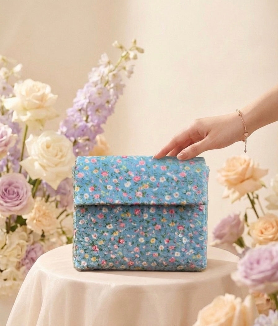 Azure Blossom Envelope – Hand-Embroidered Sky Floral Clutch