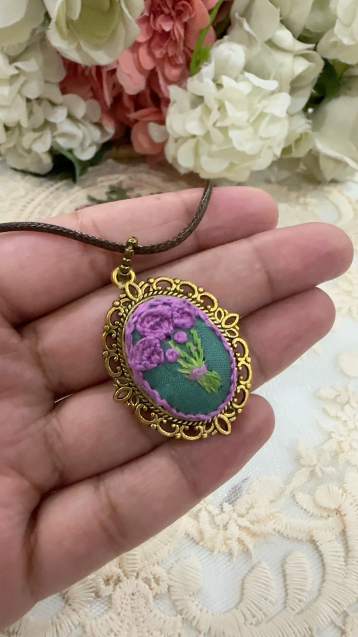 Lavender Lace Hand-Embroidered Botanical Pendant Necklace