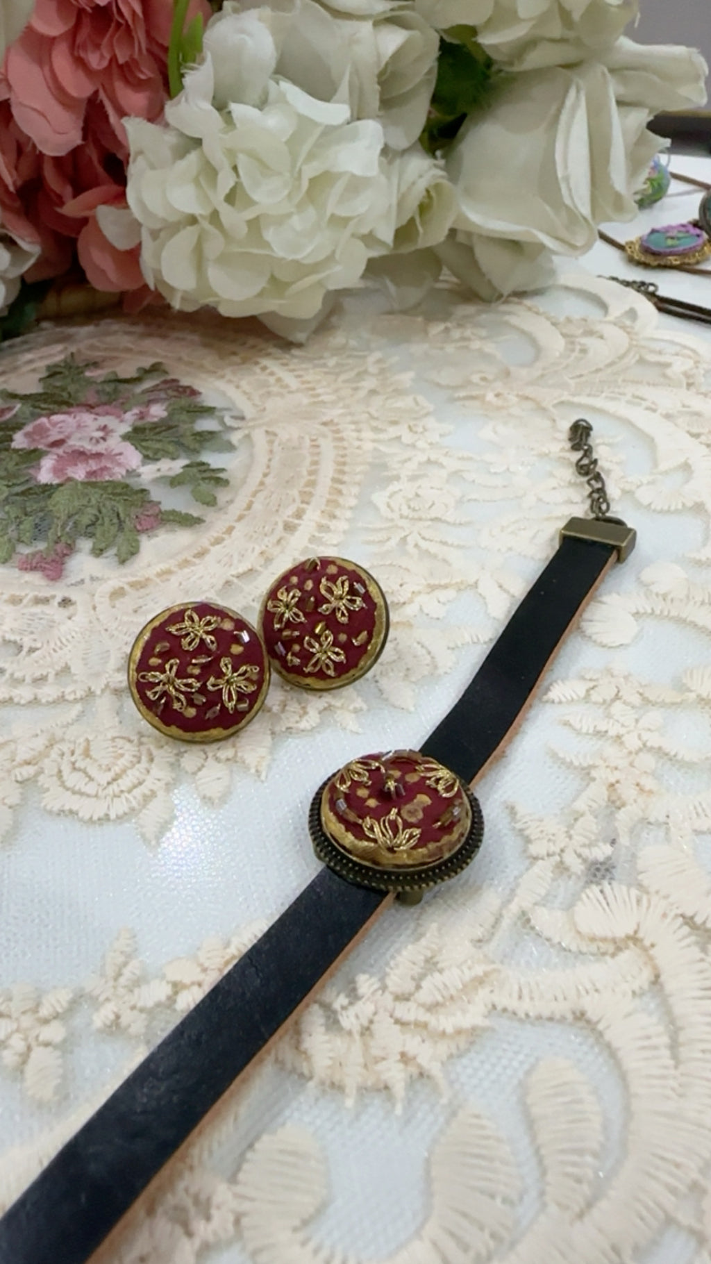 Gul-e-Tabassum Hand-Embroidered Leather Bracelet | Rustic Romance Series