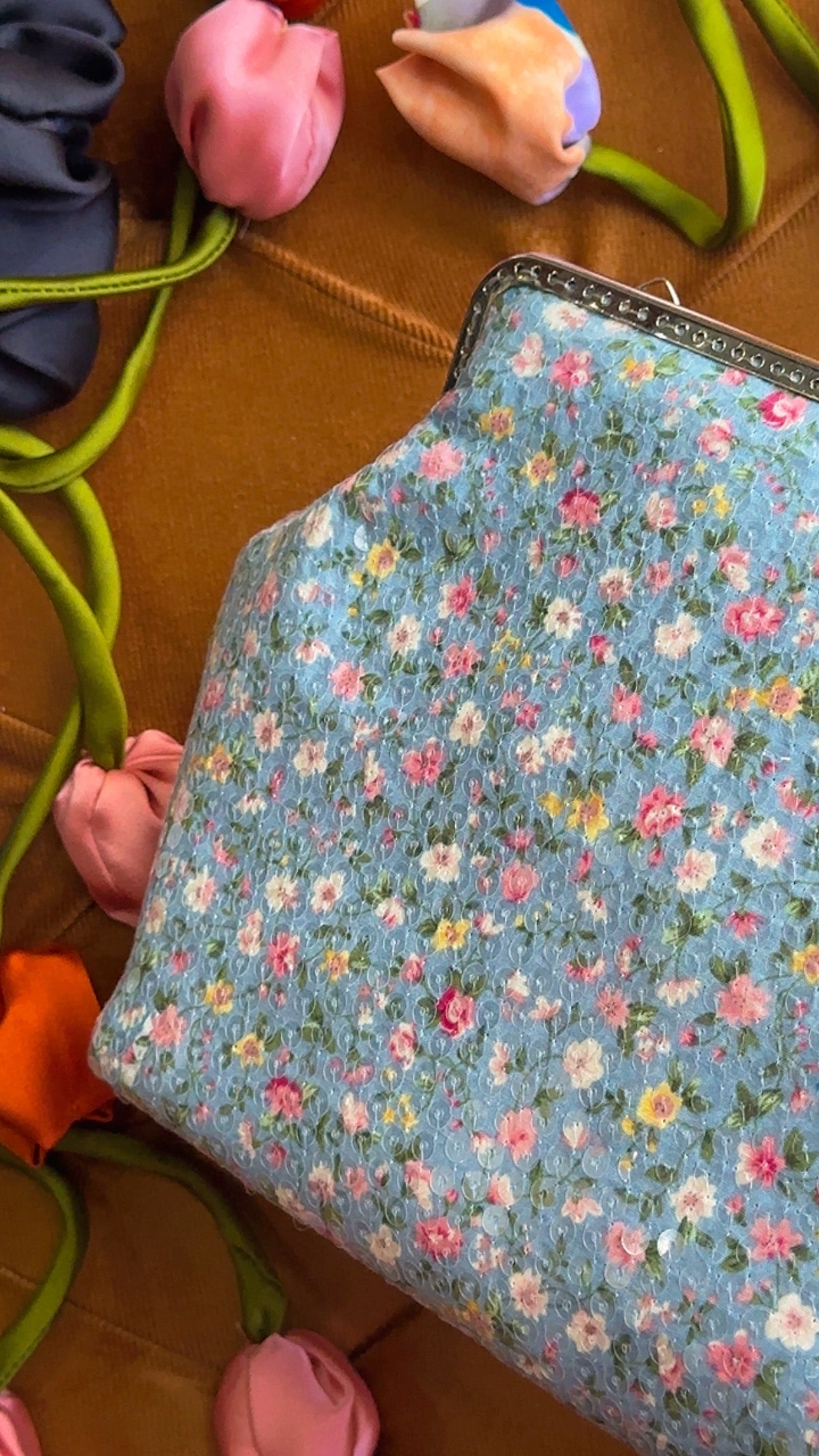 Azure Meadow: Handmade Floral Sequin Frame Clutch Bag