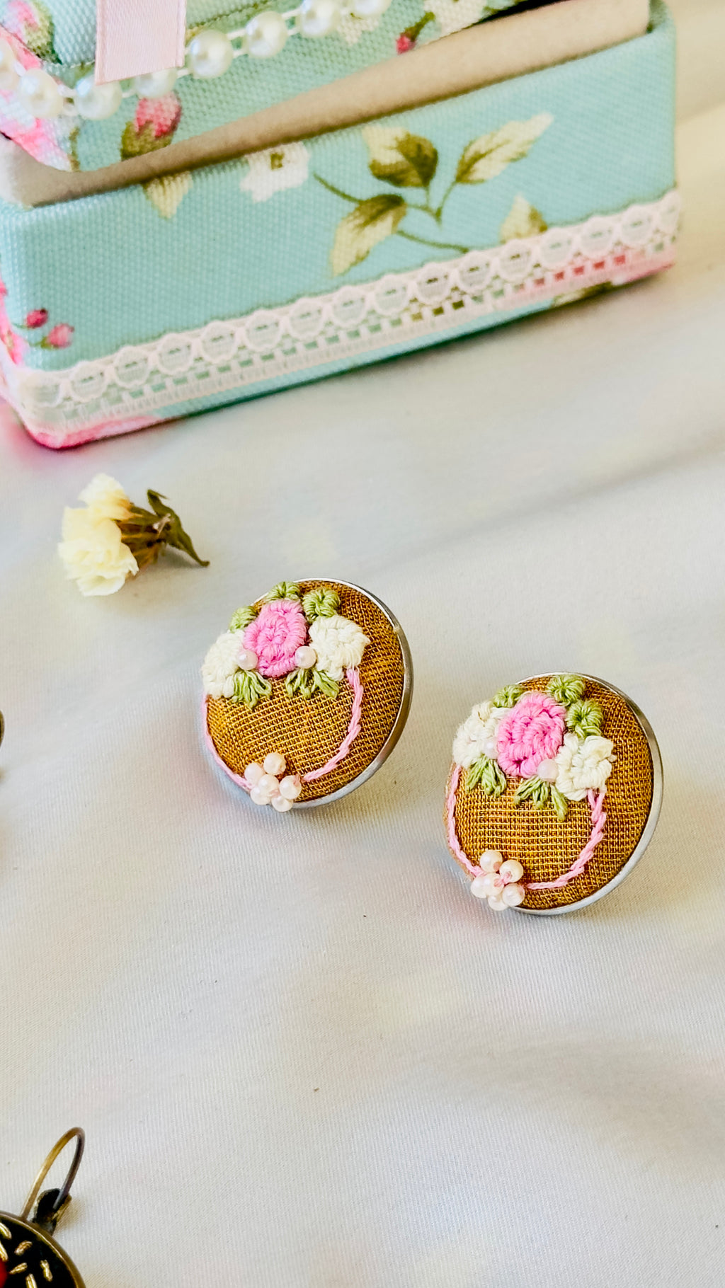 Mustard Floral Hand-Embroidered Stud Earrings - Guldasta