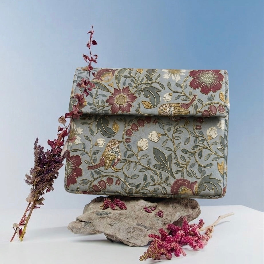 Hand-Embroidered Floral & Bird Print Clutch - Vintage Grey with Gold Tilla Detail