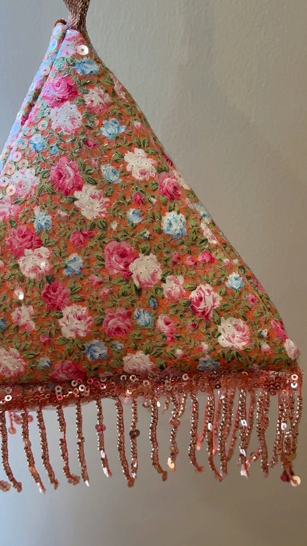 Peach Peony: Handmade Triangle Floral Bag with Beaded Fringe