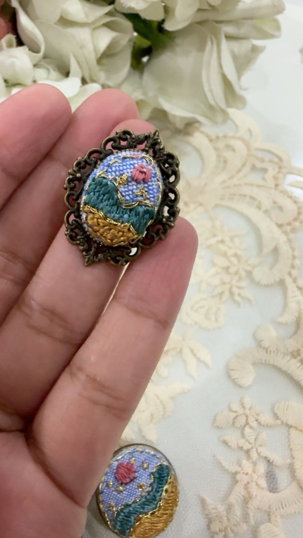 Golden Meadow Day Hand-Embroidered Landscape Statement Ring