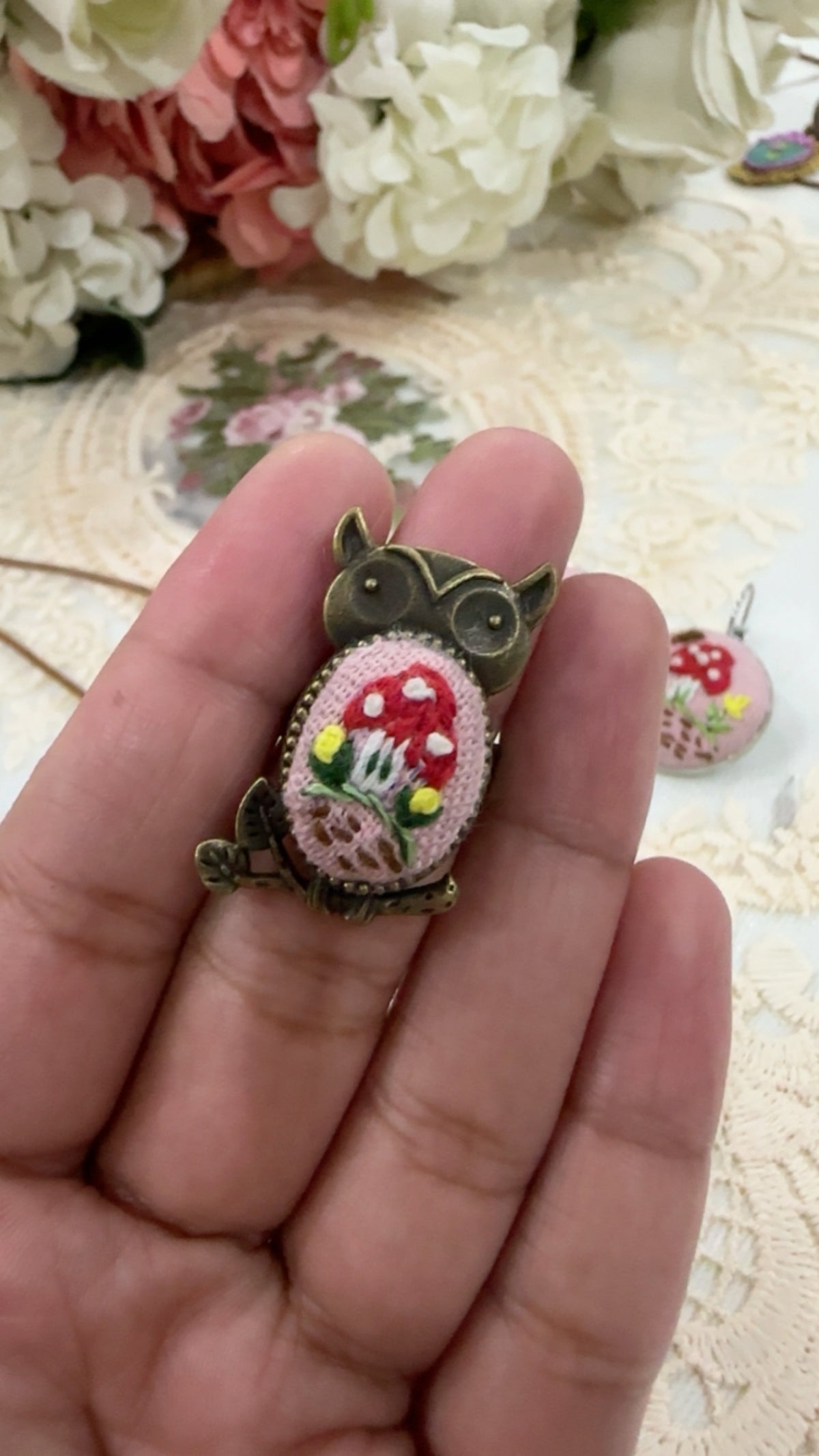 Woodland Owl Mushroom Hand-Embroidered Statement Ring