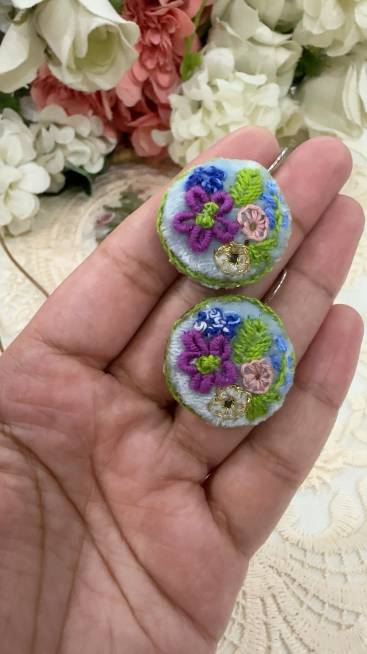 Meadow Wildflower Mosaic Hand-Embroidered Statement Earrings