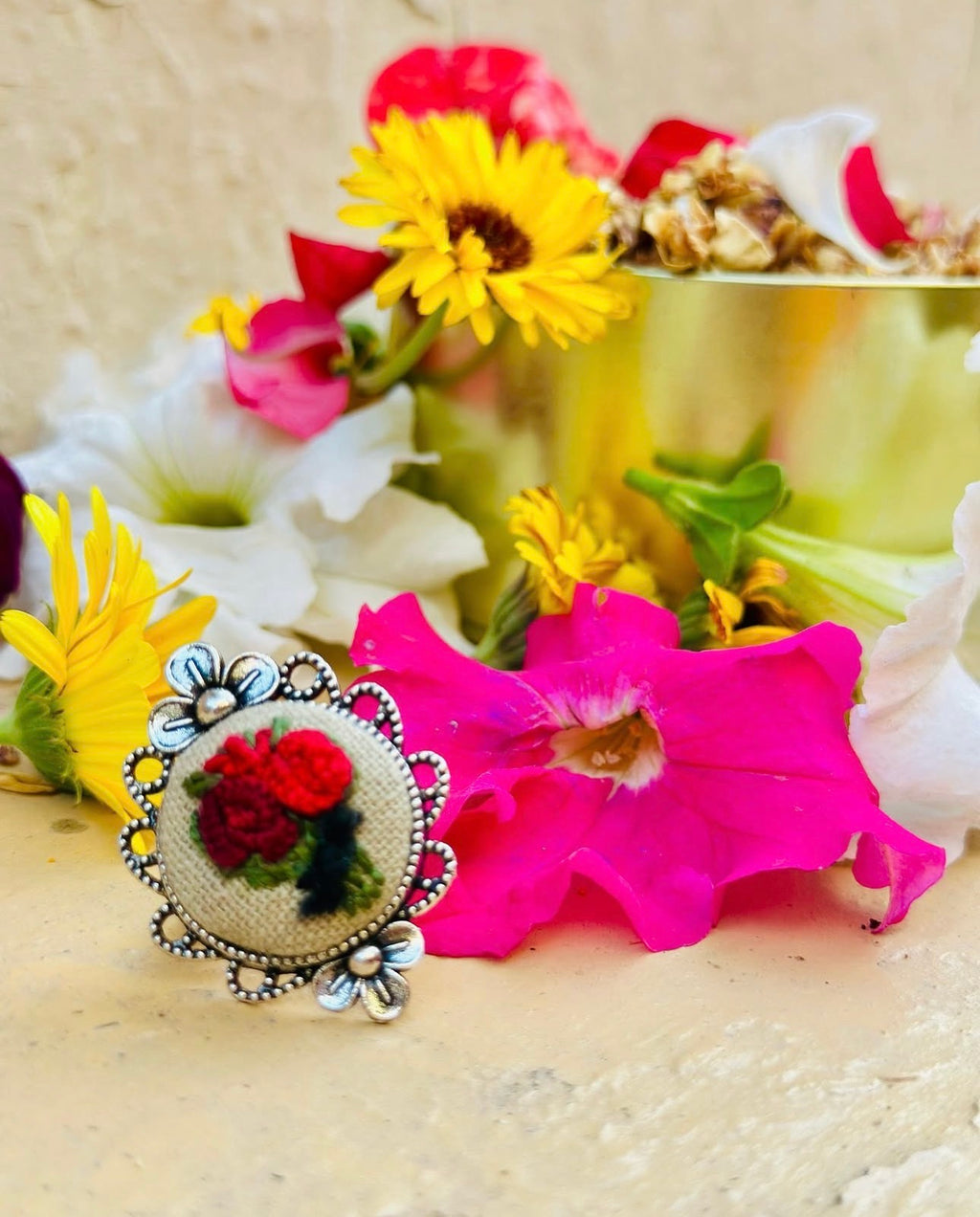 Hand-Embroidered Red Rose Bouquet Silver Statement Ring