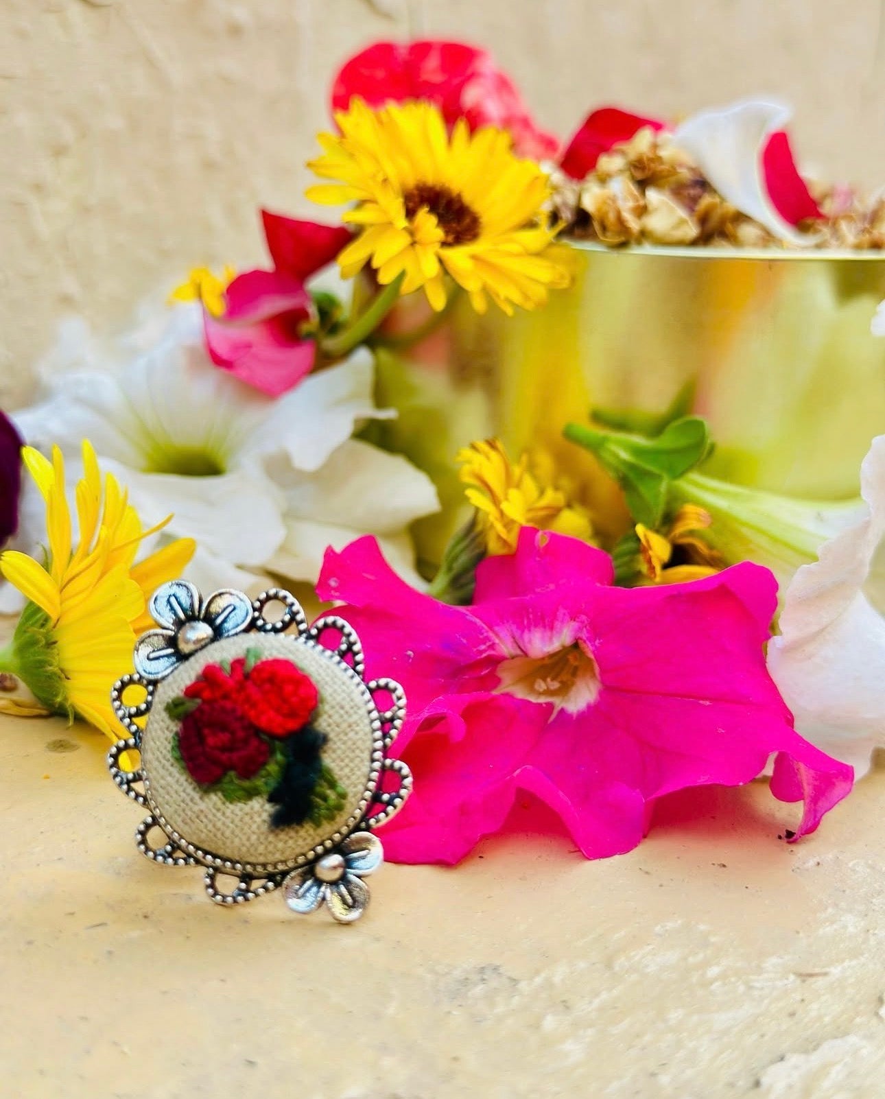 Hand-Embroidered Red Rose Bouquet Silver Statement Ring