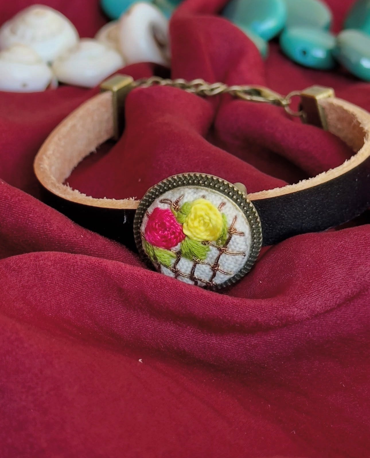 Hand-Embroidered Floral Leather Bracelet | Custom Boho Jewelry