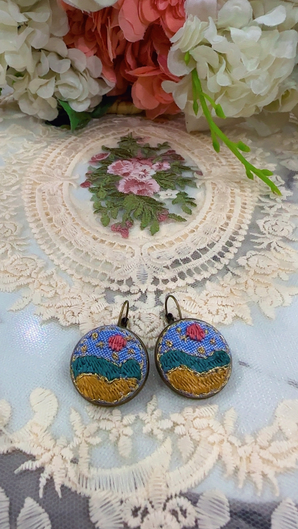 Golden Meadow Day Hand-Embroidered Landscape Statement Earrings