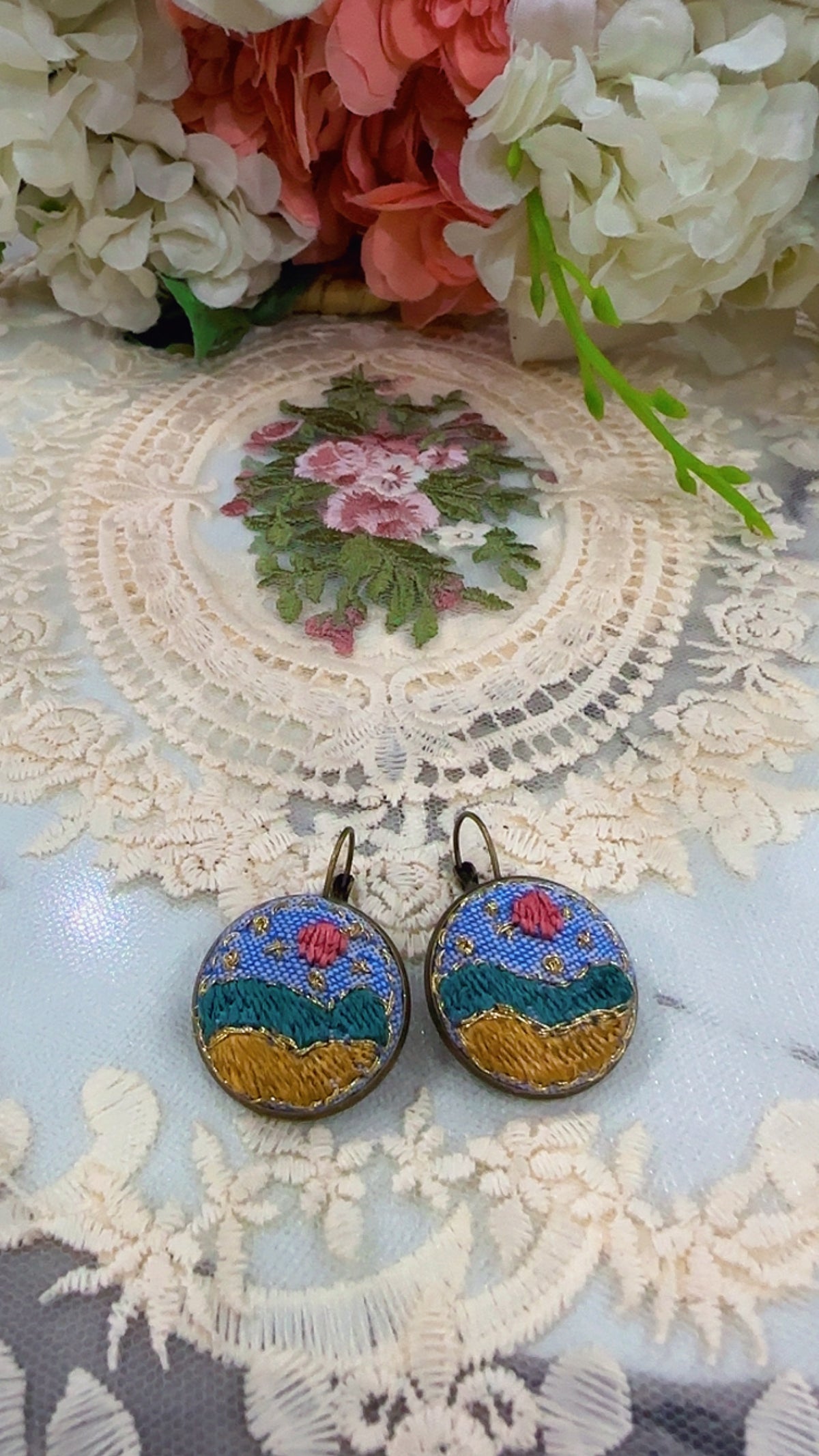 Golden Meadow Day Hand-Embroidered Landscape Statement Earrings
