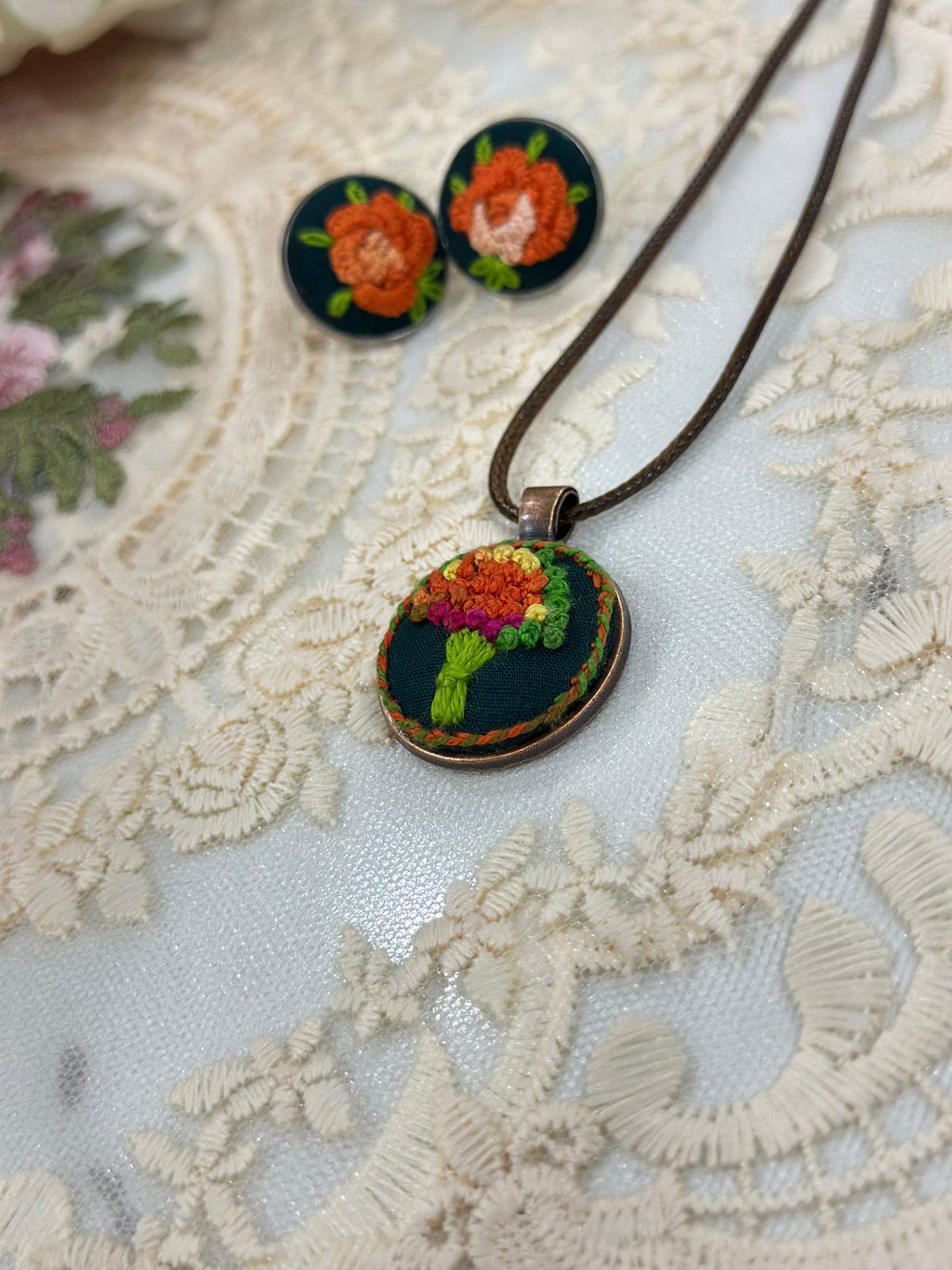 Autumn Harvest Bouquet Hand-Embroidered Fall Pendant Necklace