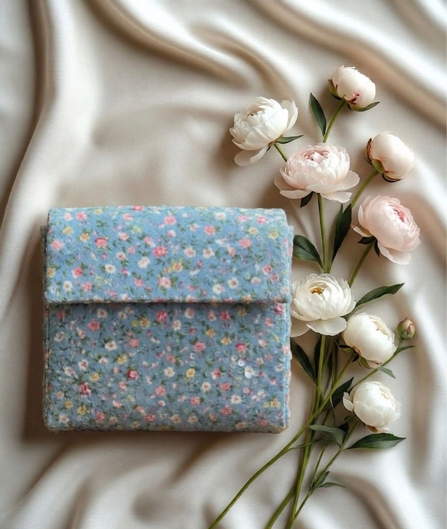 Azure Blossom Envelope – Hand-Embroidered Sky Floral Clutch