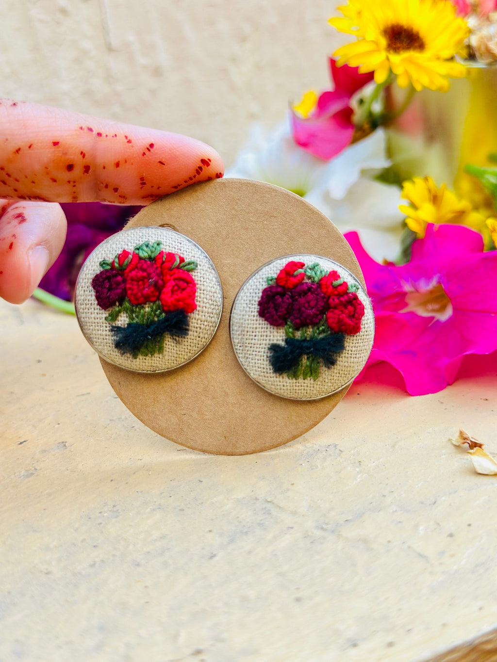 Red Rose Bouquet Hand-Embroidered Stud Earrings