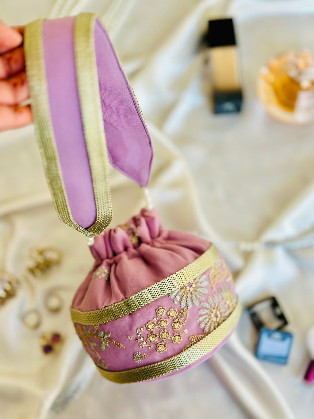 Summan Handcrafted Lilac Embroidered Potli Bag | Silk Bridal & Festive Clutch