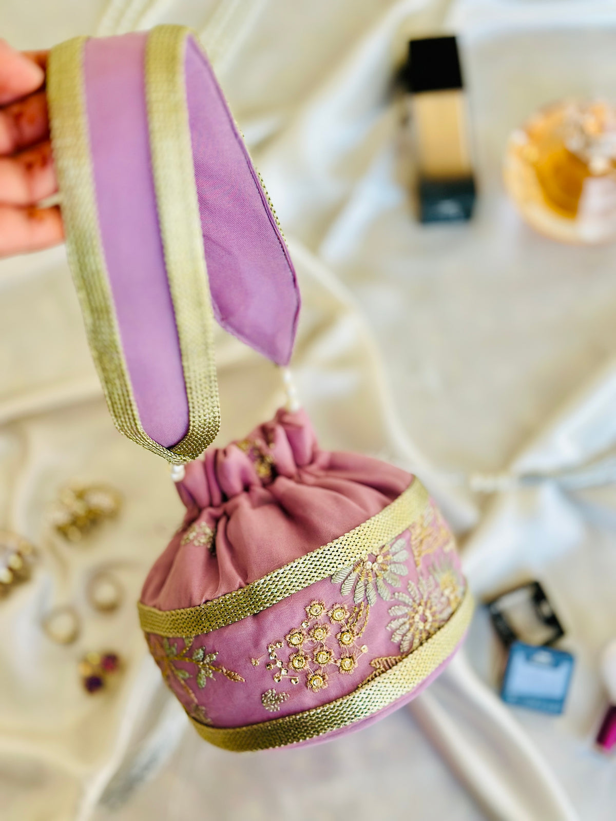 Summan Handcrafted Lilac Embroidered Potli Bag | Silk Bridal & Festive Clutch