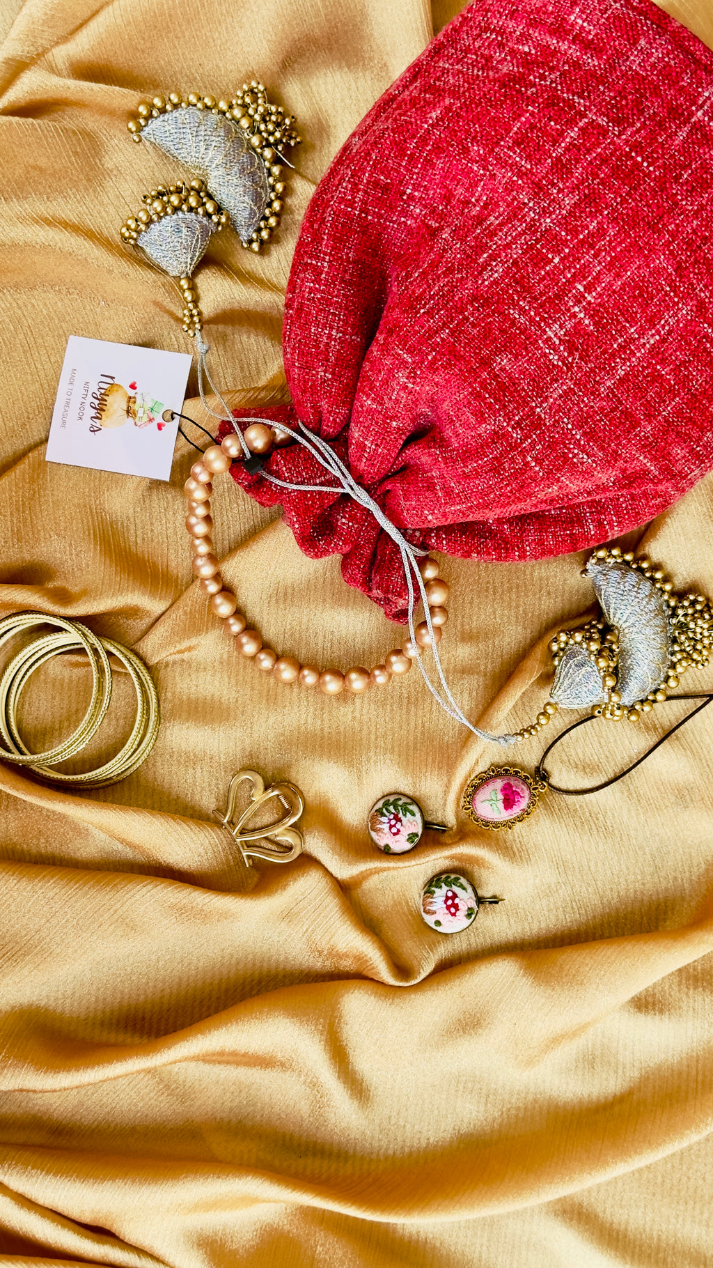 Gulaab: Red Imported Velvet Potli Bag with Pearl Handle