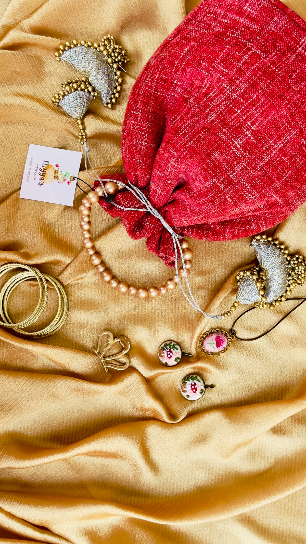 Gulaab: Red Imported Velvet Potli Bag with Pearl Handle