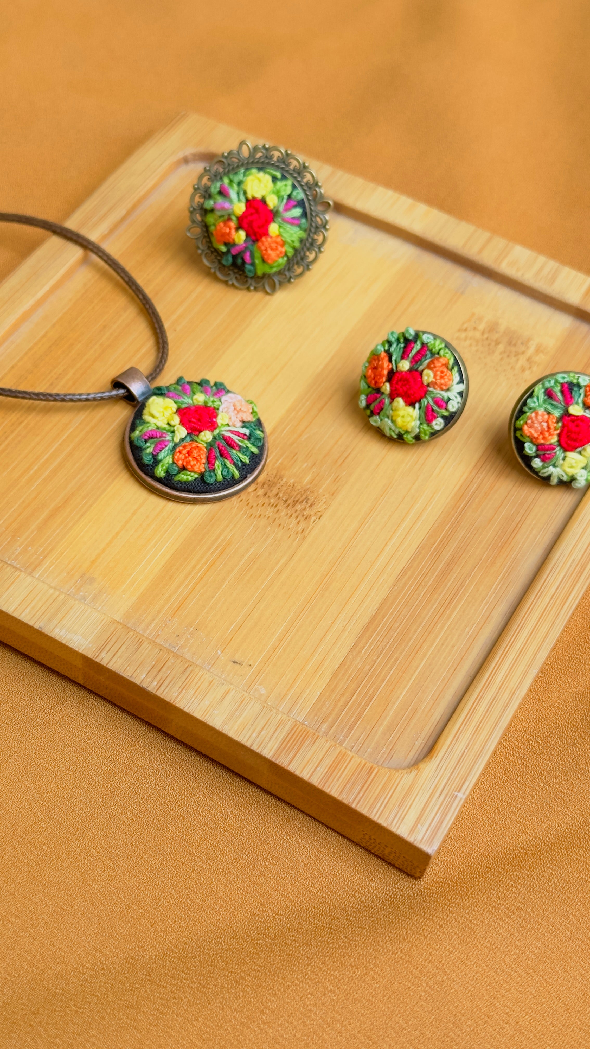 Hand-Embroidered Floral Pendant | Vintage Style Jewelry