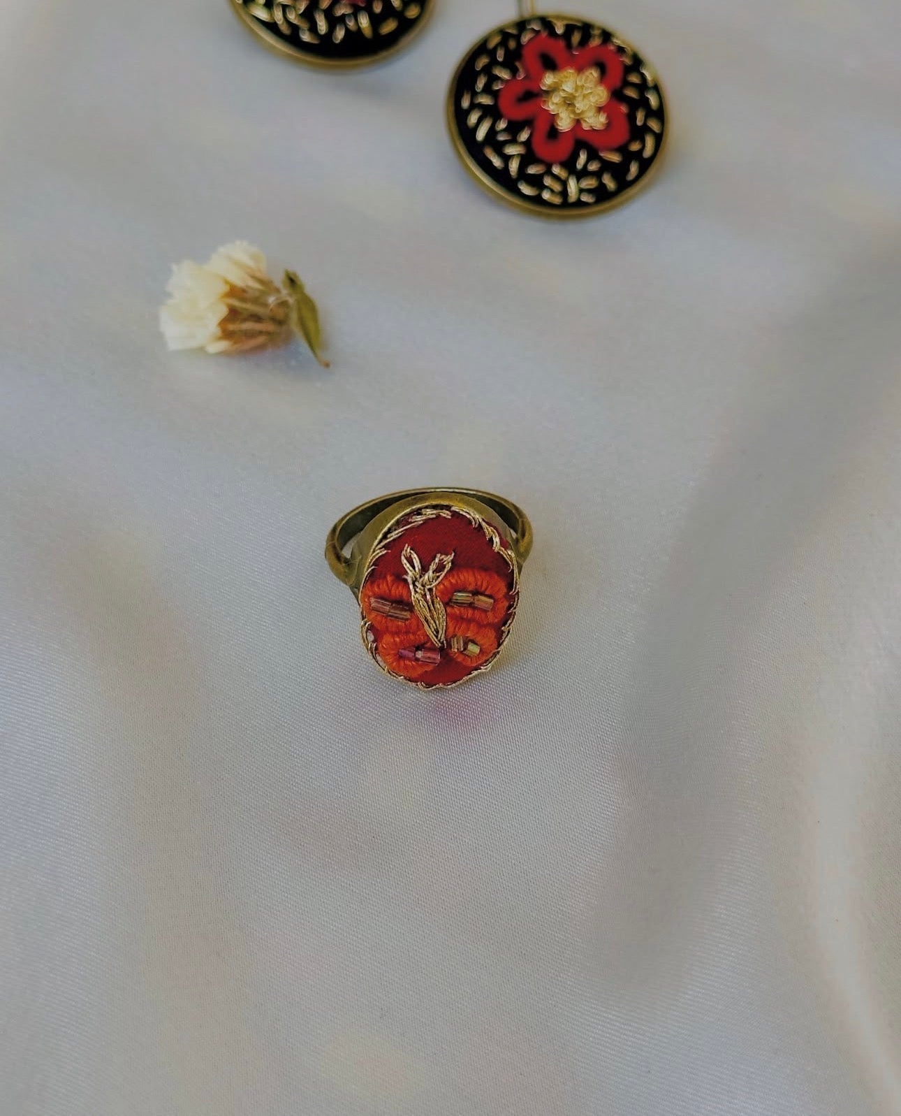 Hand-Embroidered Rust & Gold Beaded Vintage Statement Ring