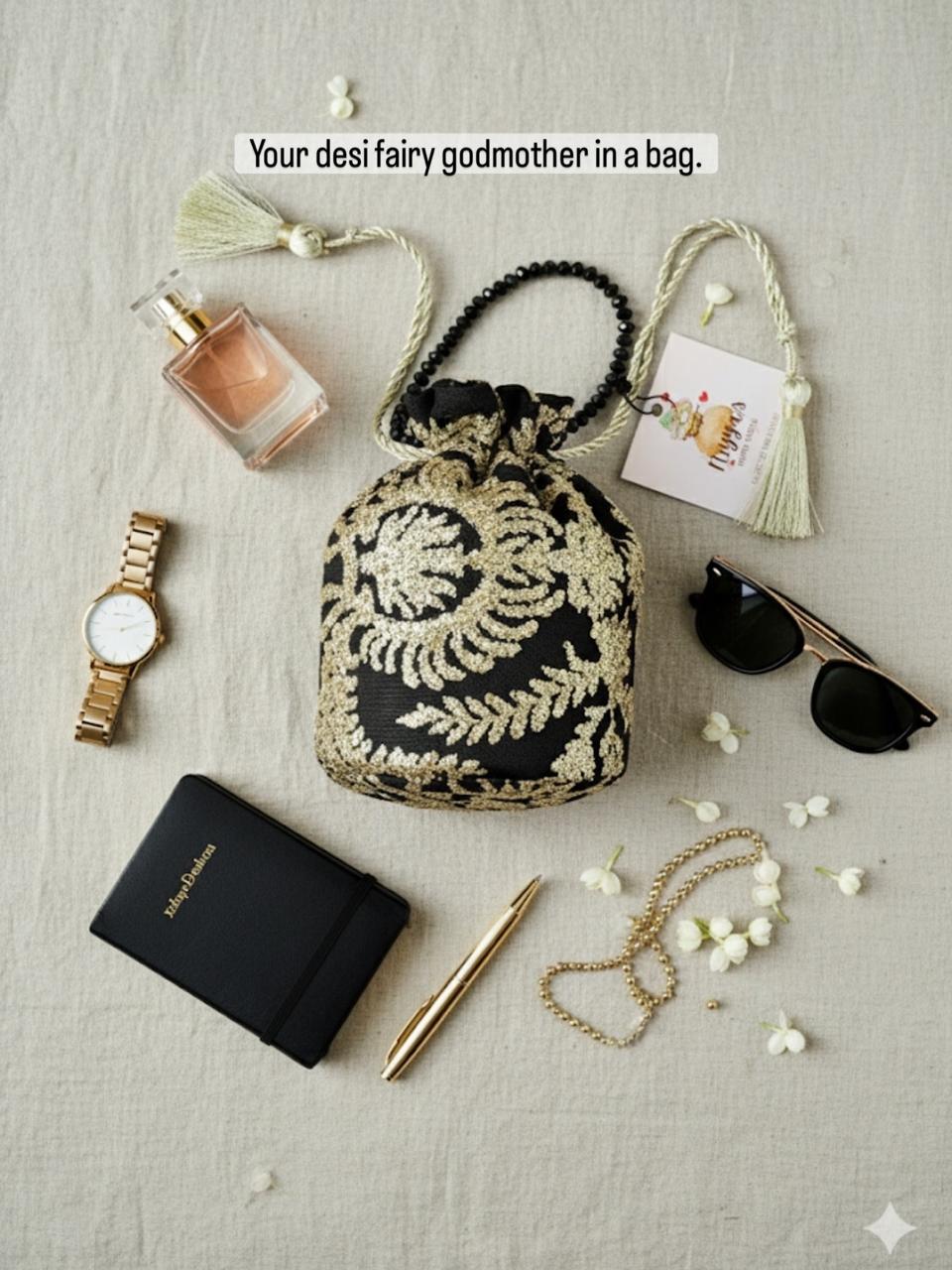 Tamkenat Hand-Embellished Net Potli Bag – Regal Black & Antique Gold (Customizable)