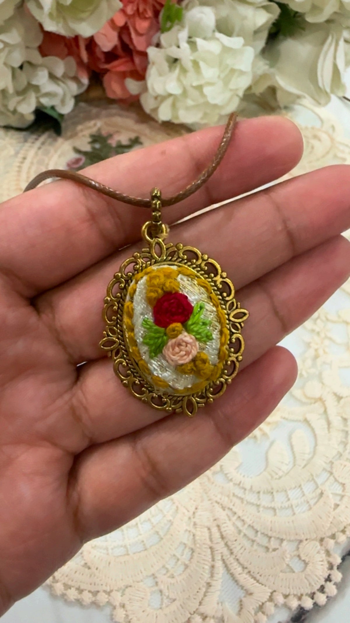 Vintage Rose Garden Hand-Embroidered Floral Pendant Necklace