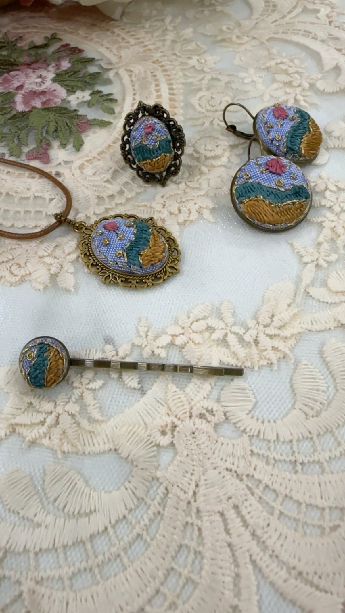Golden Meadow Day Hand-Embroidered Landscape Pendant Necklace