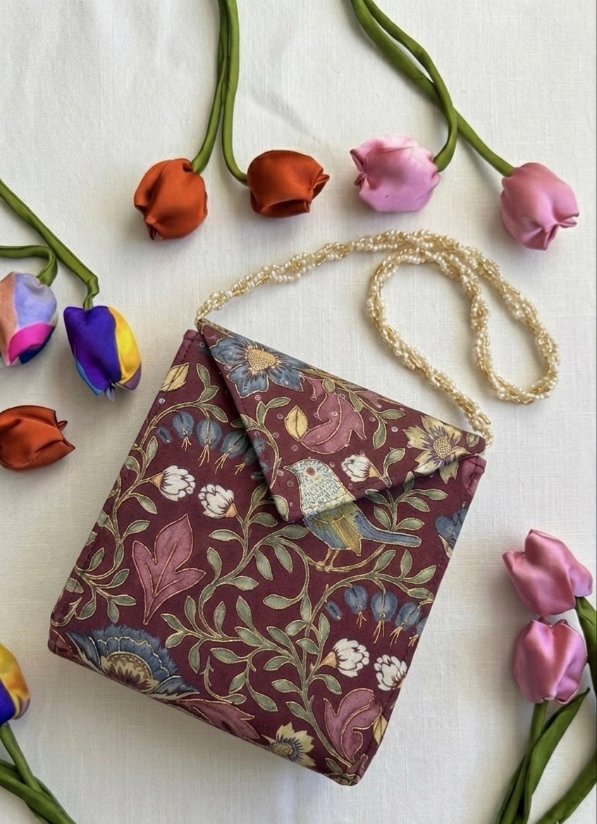 Gilded Nightingale: Maroon Bird Bag With Golden Outline