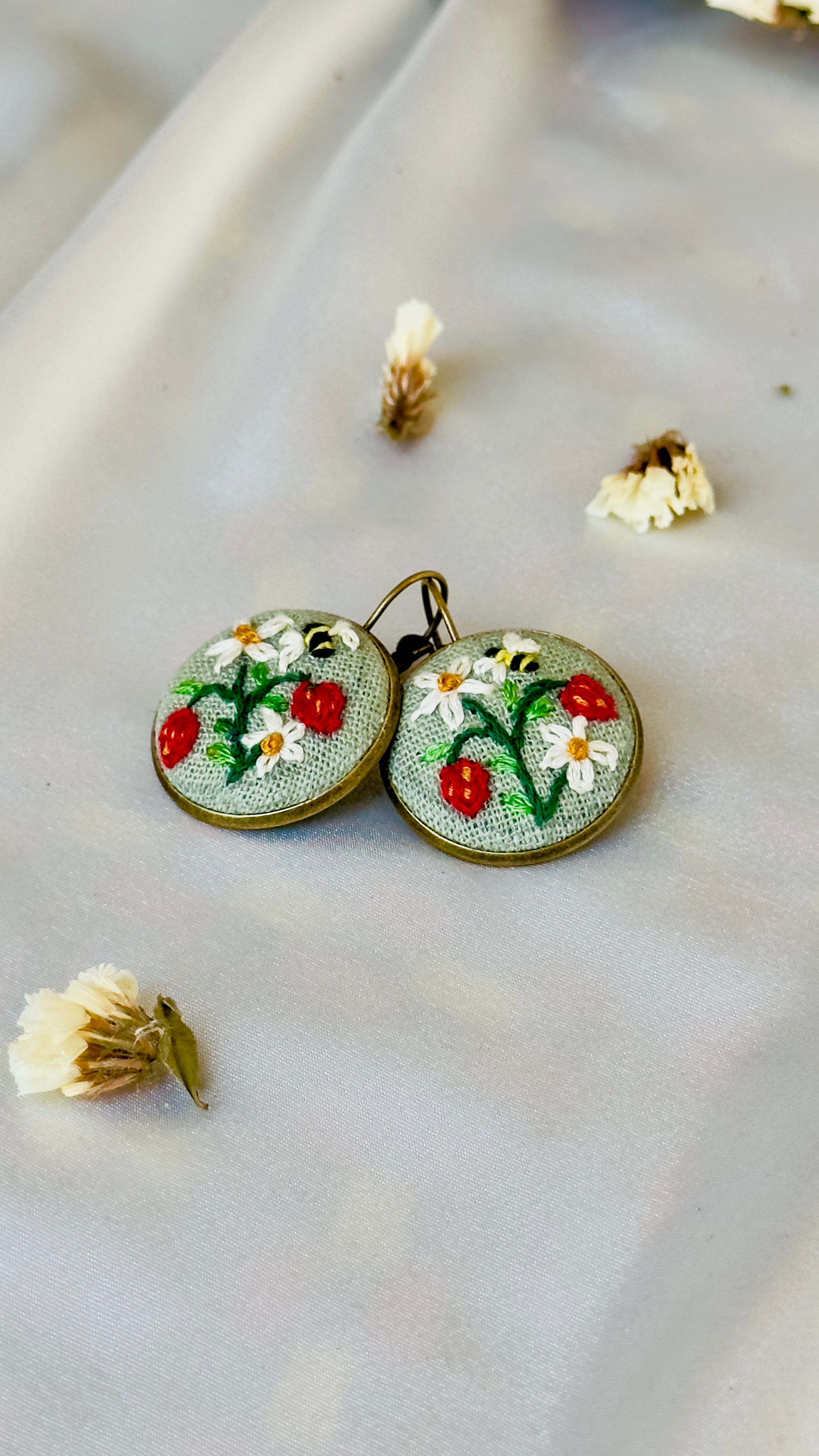 Strawberry & Bumblebee Hand-Embroidered Drop Earrings - Zeba