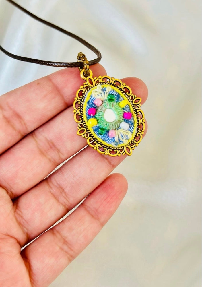 Moonlit Meadow Hand-Embroidered Whimsical Floral Pendant