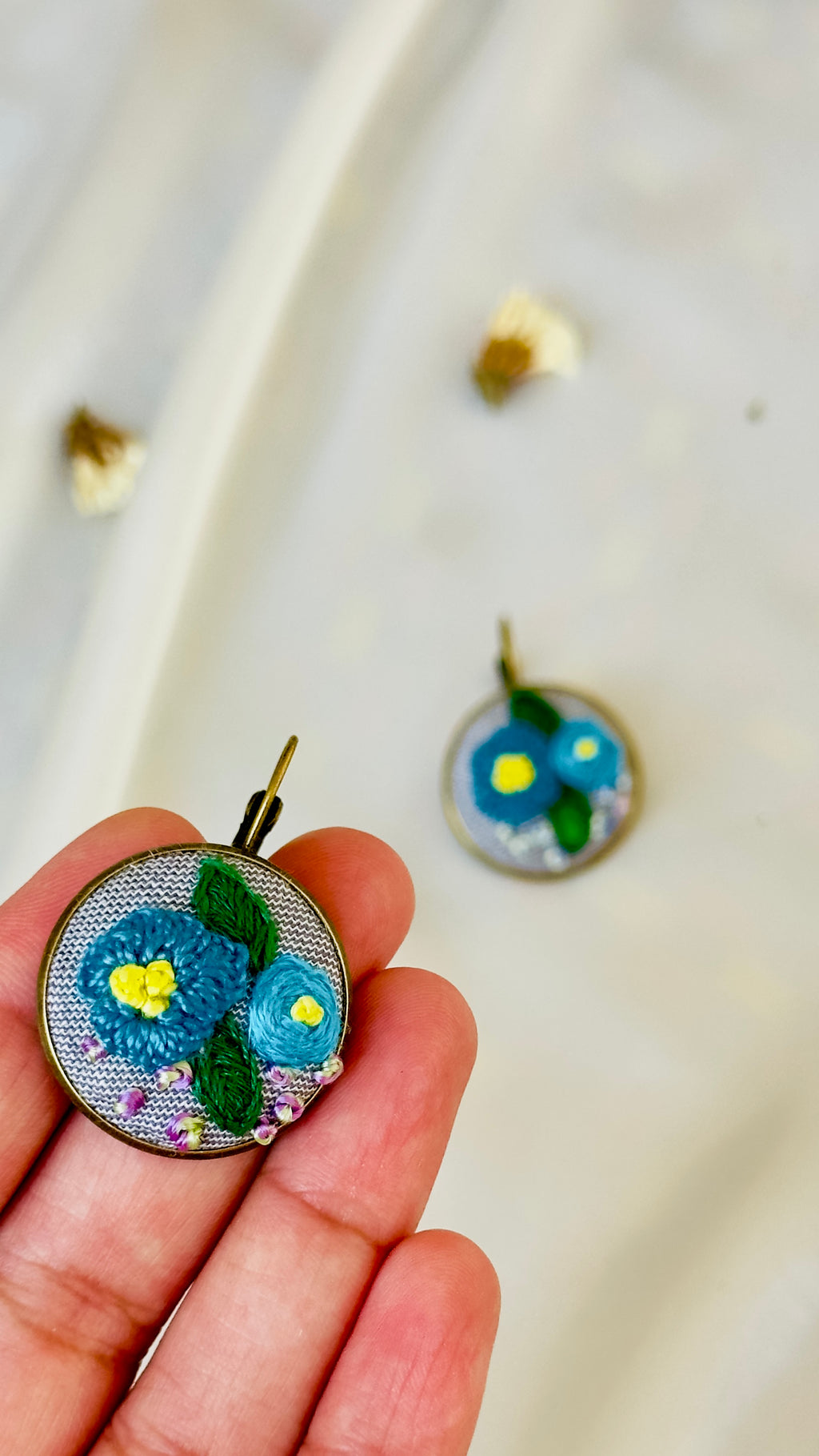 Blue Floral Hand-Embroidered Drop Earrings | Artisan Jewelry