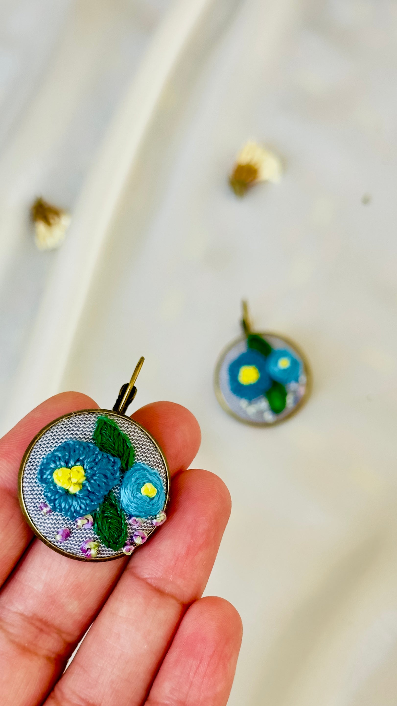 Blue Floral Hand-Embroidered Drop Earrings | Artisan Jewelry
