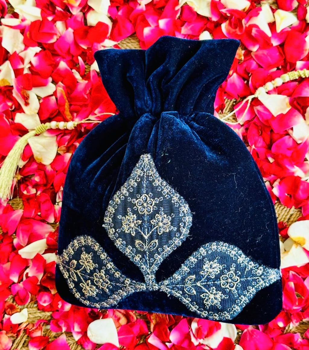 Zaarina: Navy Velvet Potli Bag with Hand-Embroidered Zari