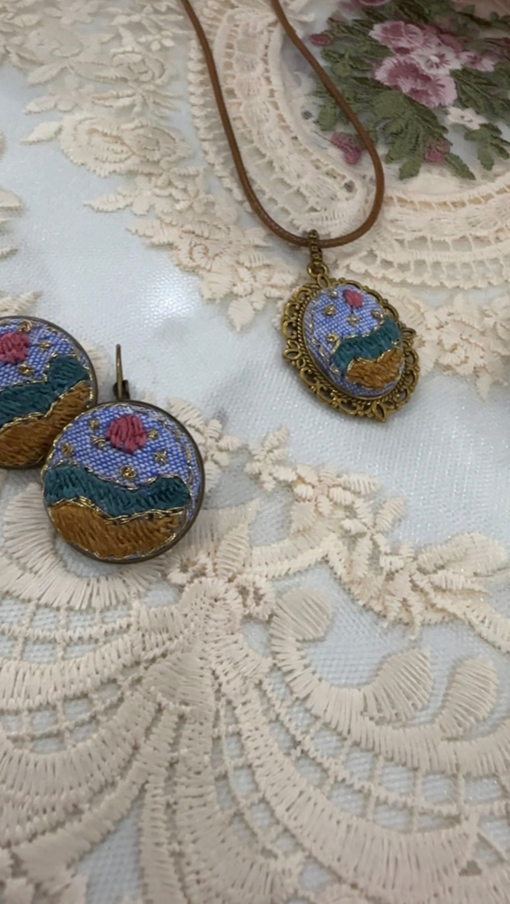Golden Meadow Day Hand-Embroidered Landscape Pendant Necklace