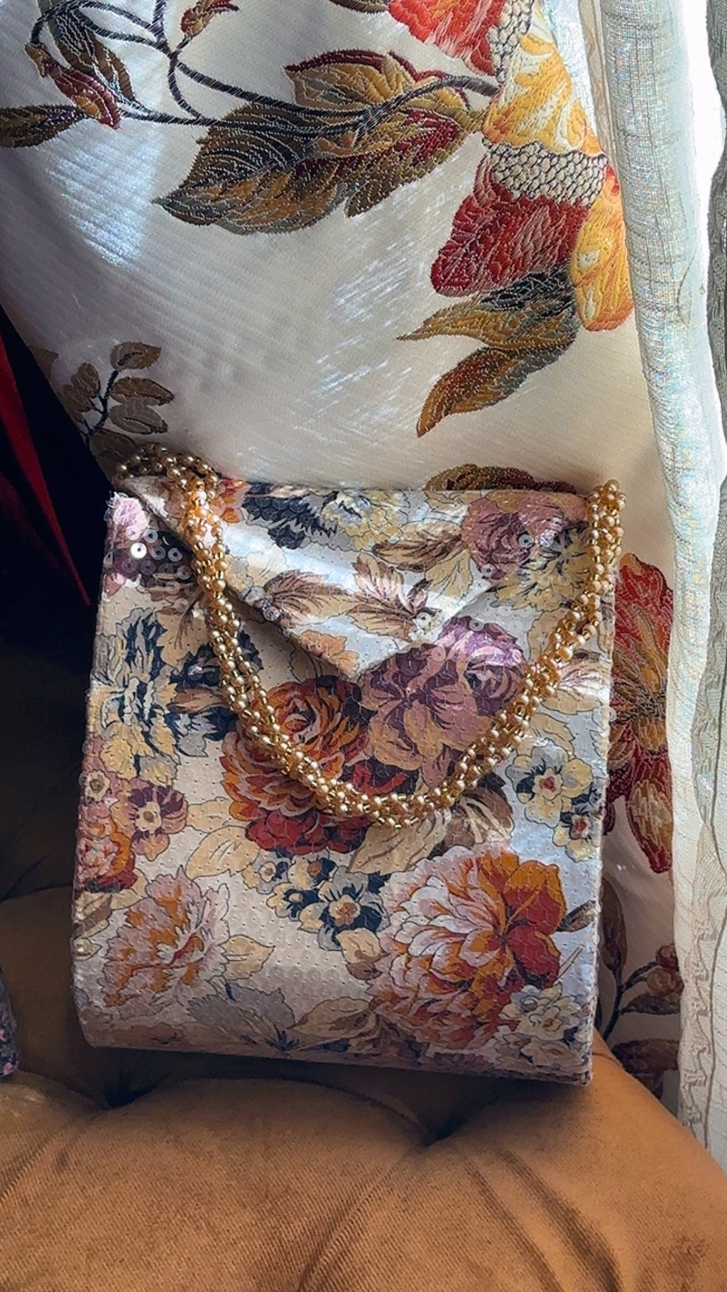 Golden Harvest: Vintage Floral Sequin Bag with Beaded Handle