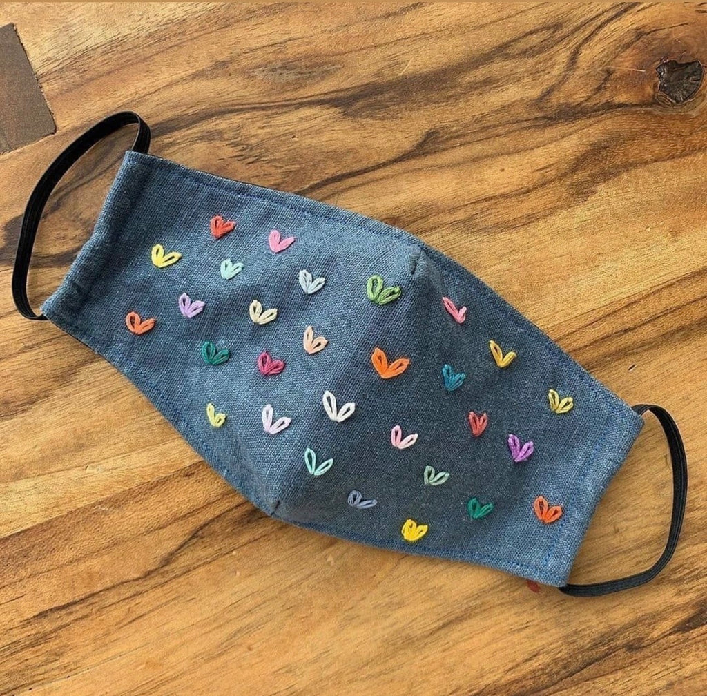 Heart-to-Heart: Hand-Embroidered Rainbow Heart Denim Face Mask