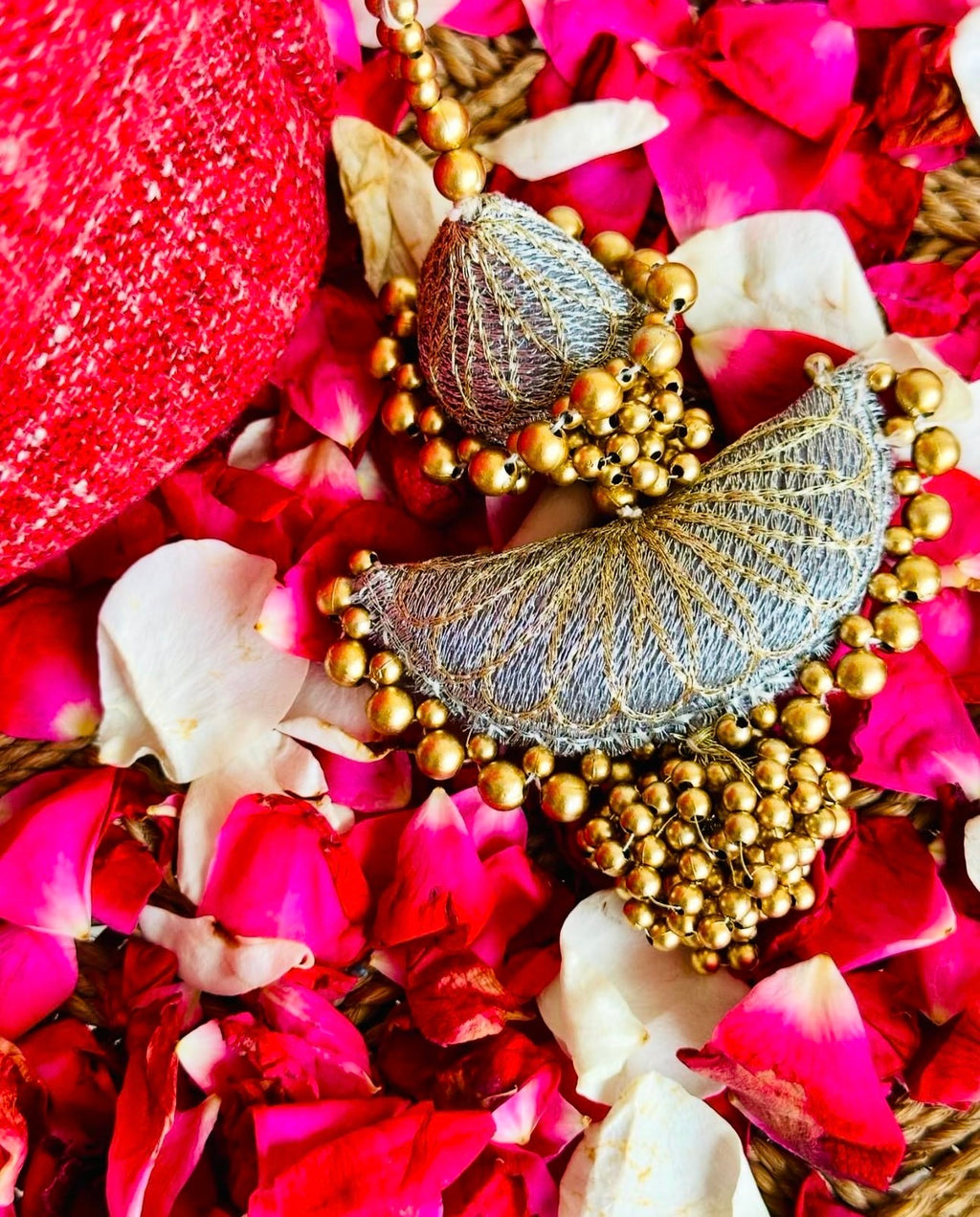 Gulaab | Crimson Textured Velvet Potli with Pearl Muse Strap