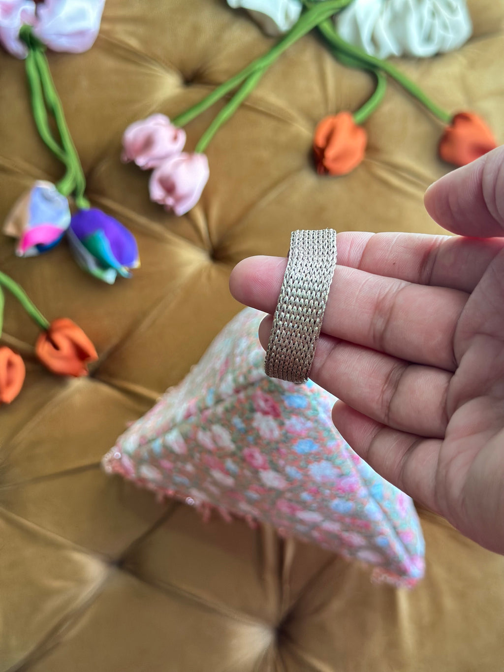 Peach Peony: Handmade Triangle Floral Bag with Beaded Fringe