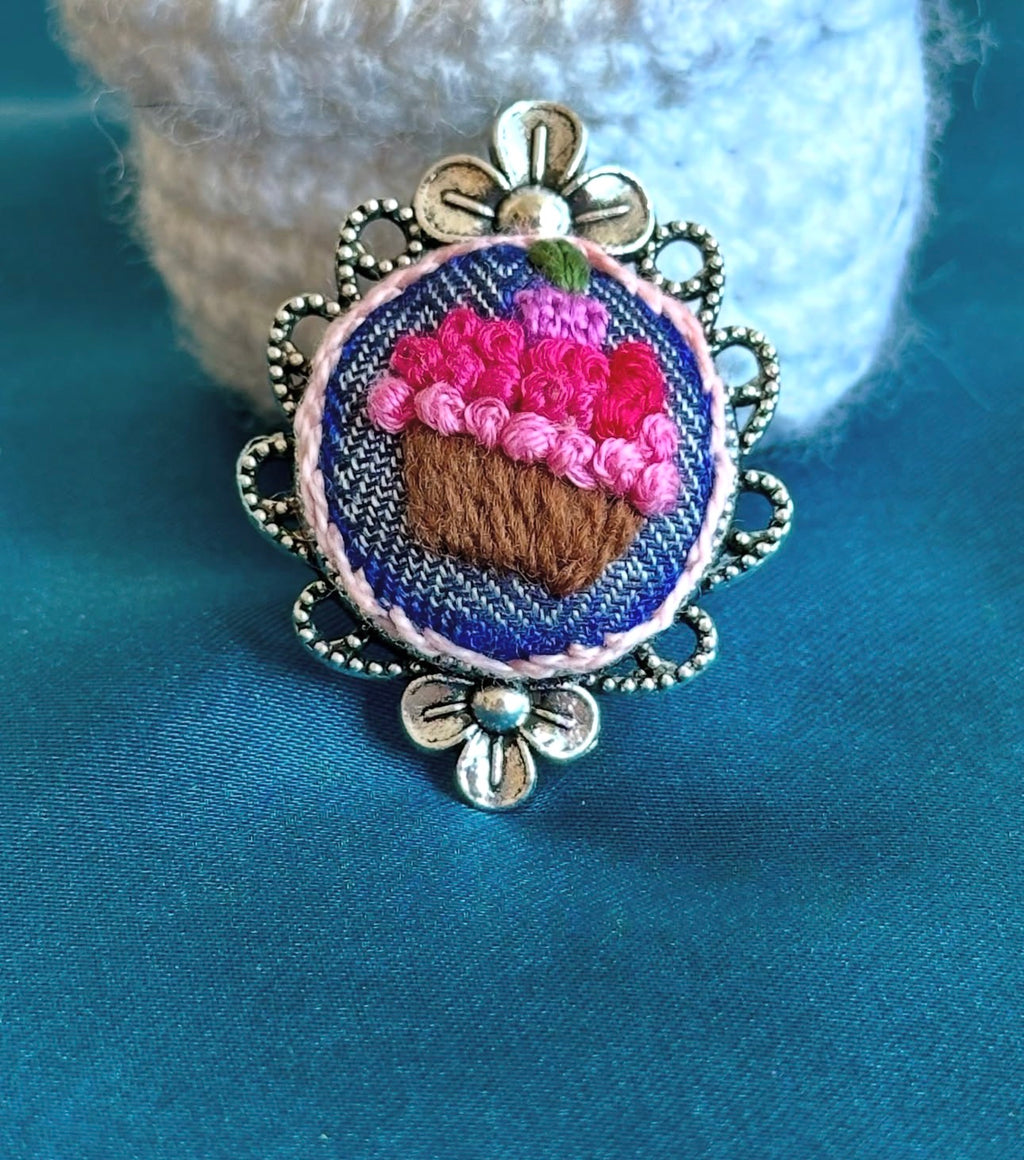 Hand-Embroidered Pink Cupcake Denim Statement Ring - Silver