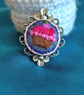 Hand-Embroidered Pink Cupcake Denim Statement Ring - Silver