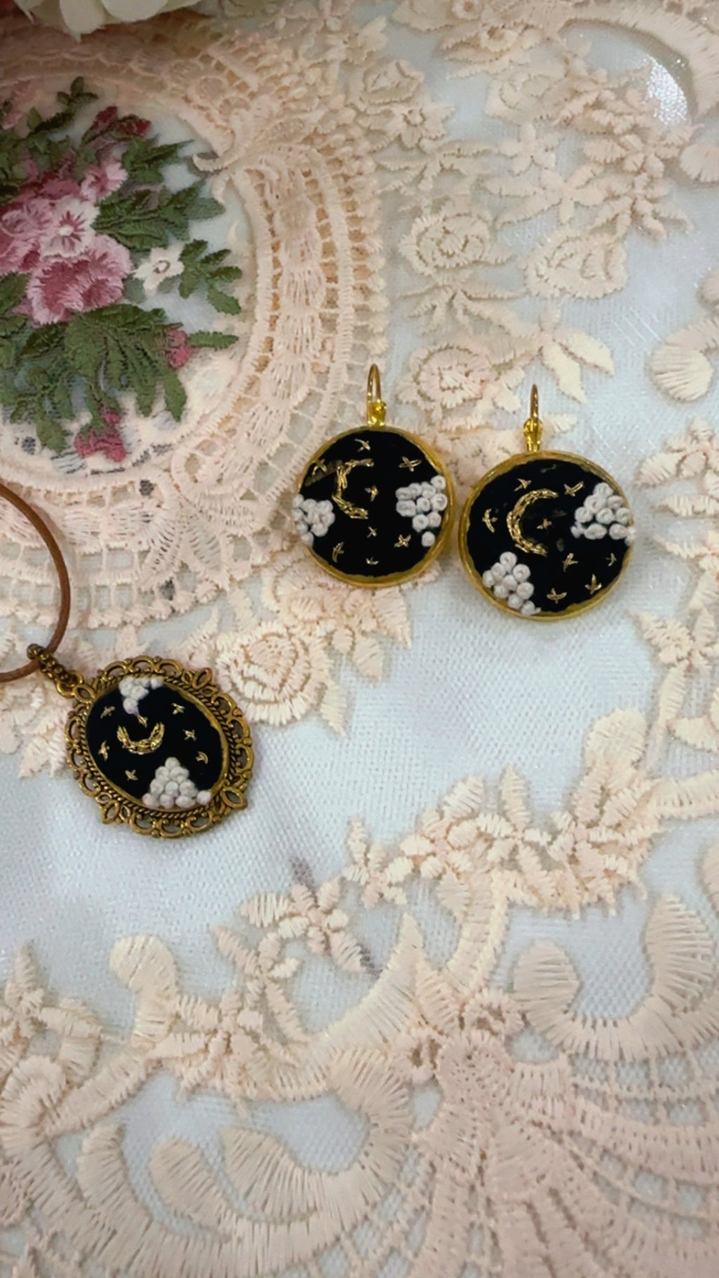 Midnight Stardust Hand-Embroidered Celestial Pendant Necklace