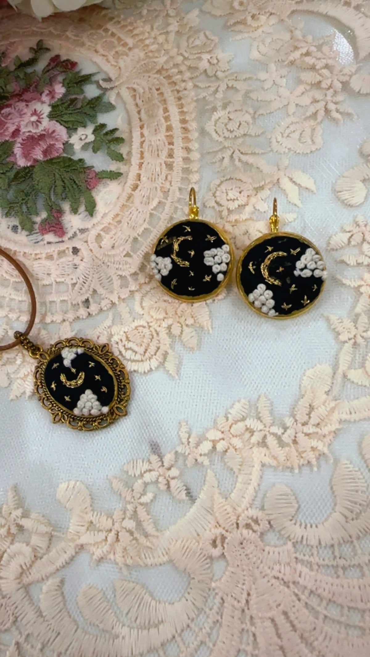 Midnight Stardust Hand-Embroidered Celestial Pendant Necklace