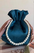 Tehzeeb: Teal Velvet Potli Bag with Satin Ribbon & Pearl Strap