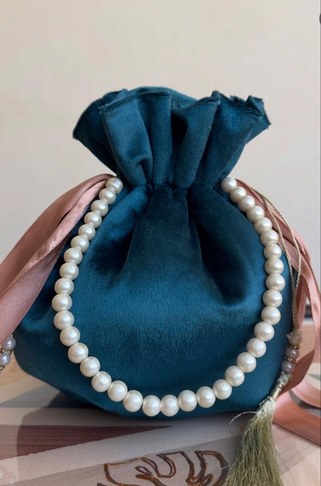 Tehzeeb: Teal Velvet Potli Bag with Satin Ribbon & Pearl Strap
