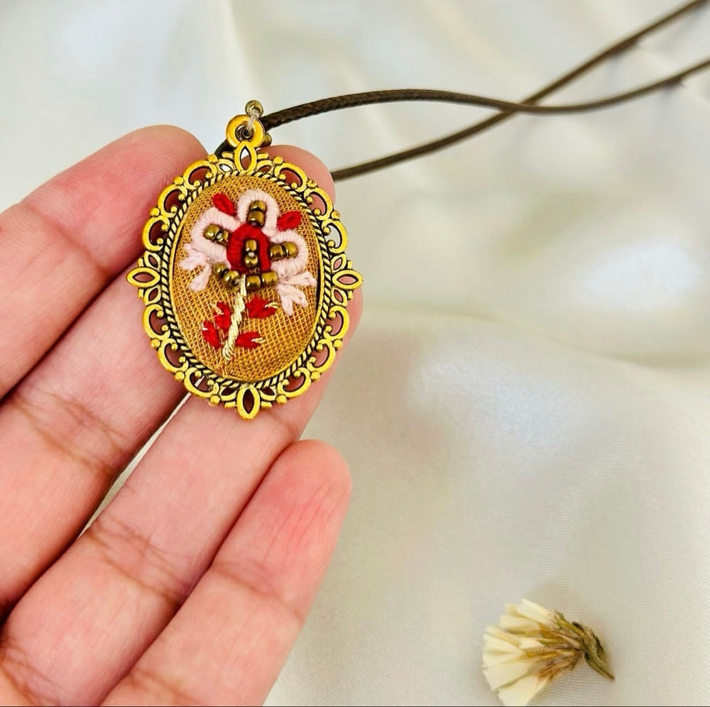 Ruby Elfin Whimsical Hand-Embroidered Floral Pendant