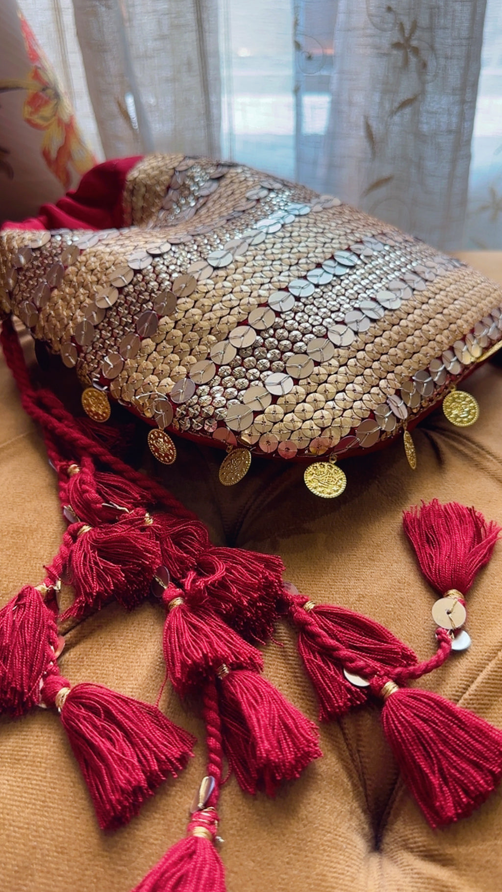MehrMa Handcrafted Sequin Potli Bag – Whimsical Vintage Drawstring Bag with Coin Embellishments and Tassels