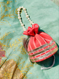 Handcrafted Coral Chiffon Potli Bag with Pearl Handle & Silver Gota Lace - Striped Festive Clutch
