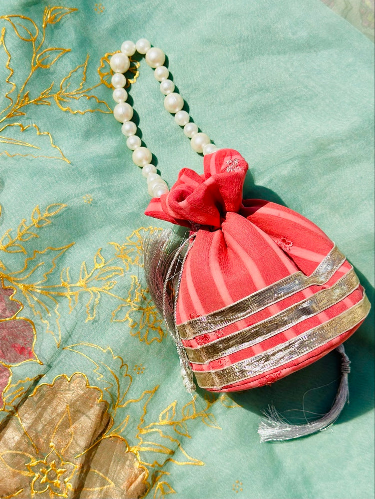 Handcrafted Coral Chiffon Potli Bag with Pearl Handle & Silver Gota Lace - Striped Festive Clutch