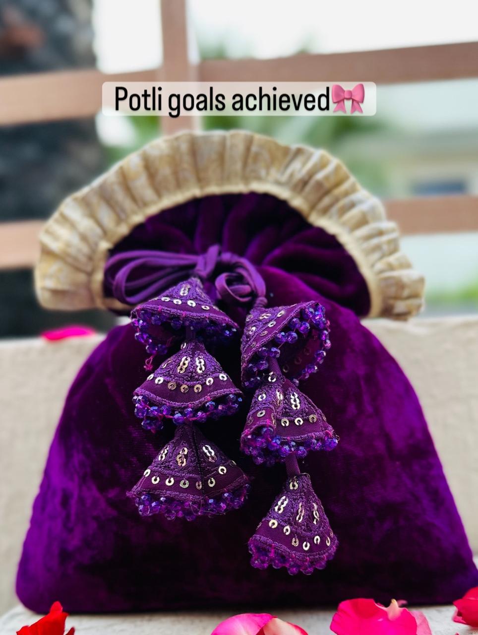 Neelofer Hand-Embellished Velvet Potli Bag with Tiered Jhumka Tassels – Royal Purple (Customizable)